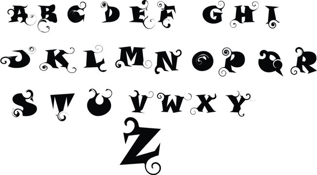 Elegant black decorative cursive uppercase and lowercase alphabet letters with swirls