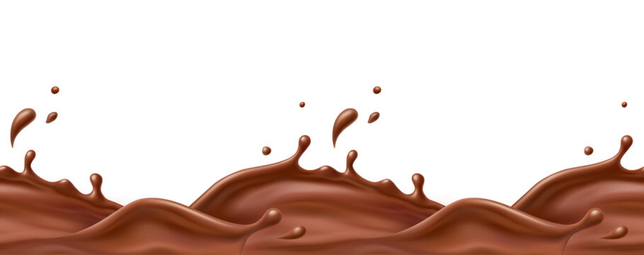 Milk chocolate splash seamless pattern. 3d realistic coffee, cocoa beverage wave border isolated on white background. Vector liquid choco package design with drops