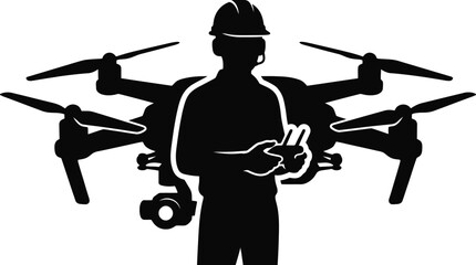 Silhouette of a drone pilot wearing a hard hat and holding a remote controller with a drone behind © SH Stock