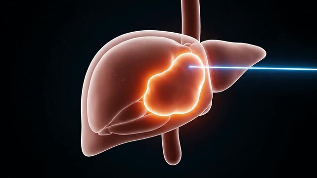 3D Medical Animation of Liver Anatomy Highlighting Targeted Laser Treatment for Liver Tumors with Dark Background for Clinical Visuals