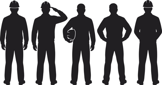 Silhouettes of construction workers in hard hats standing in a row