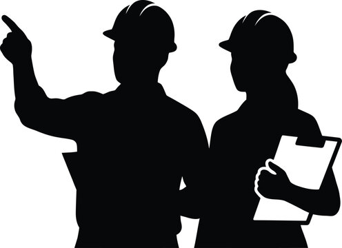 Silhouette of two construction workers, one pointing and one holding a clipboard