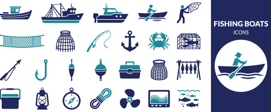 Fishing Boats Icons Set Nautical Vector Collection with Boat, Anchor, Net, Hook, Crab, Compass