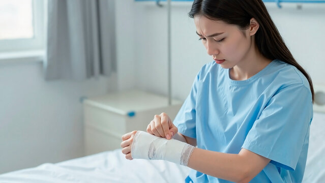 Woman in blue hospital gown applying white bandage to her left wrist in a medical setting
