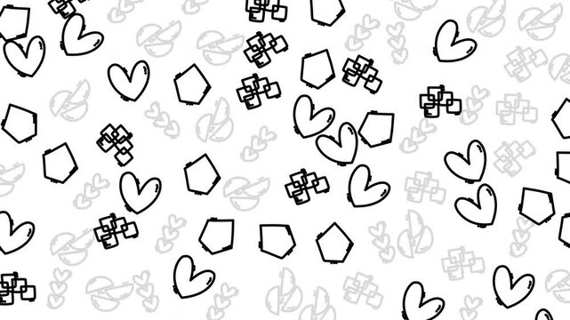 Hand-drawn hearts and geometric shapes float together. Black lines create playful, repeating patterns on a clean white background. Ideal for romantic or creative design projects. Use in greeting cards