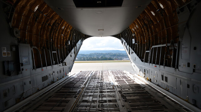 View from open cargo aircraft ramp showcasing expansive interior space, ready for transport, with a bright sky and distant landscape visible