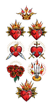 Old school tattoo flash sheet with sacred burning hearts, crowns, crossed daggers, roses and fire in traditional style vector illustration