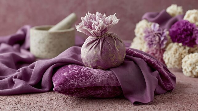紫色のベルベットクッションに置かれた布の包み。薬研と花を背景にした静物写真。癒やしと伝統のコンセプト