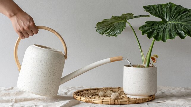 陶器のジョウロで大きな葉の植物に水やりをする手元。ナチュラルなインテリアと園芸。落ち着いた室内での植物の世話