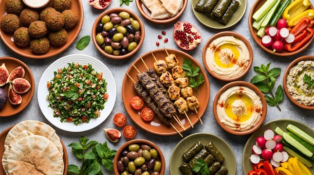 Assorted Middle Eastern mezze platter featuring creamy hummus, fried falafel, fresh tabbouleh salad, grilled meat skewers, stuffed grape leaves, olives, sweet figs, and warm pita bread on stone.