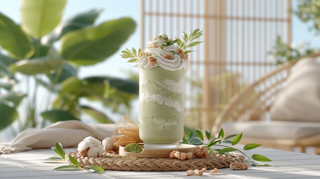 屋外テラスの抹茶フラッペとホイップクリーム。茶筅と抹茶粉を添えた和風デザート。明るい日光と熱帯植物の背景