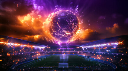 Fototapeta premium Futuristic glowing soccer ball hovering over a vibrant stadium with dramatic sky effects
