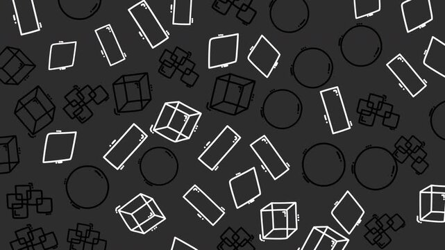Geometric shapes float against a dark backdrop. White outlines define cubes, circles, and rectangles. Design suggests motion, modernity, and digital themes. Suitable for tech, gaming