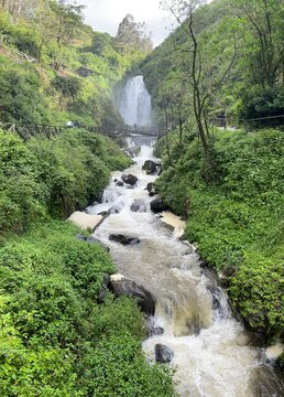 Powerful waterfall cascading through lush green jungle with wooden bridge and rocky river, Peguche, Ecuador