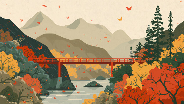 和紙の風合いで紅葉の吊り橋を描いた秋のポスター風イラスト