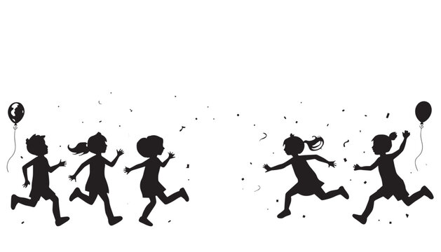 Happy Running Children Silhouette &ndash; Kids Playing Party Vector Illustration
