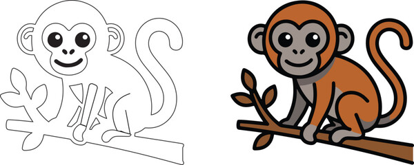 Cute cartoon monkey sitting on a tree branch vector illustration, smiling baby chimp character isolated on white background © MDBodrulIslam
