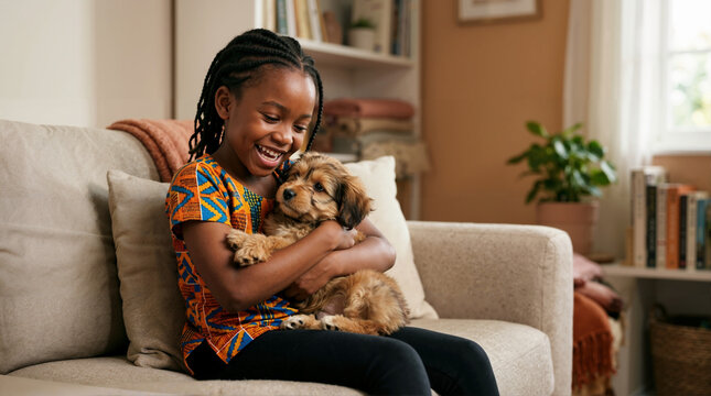 Joyful Black girl hugging a fluffy brown puppy on a sofa. Smiling child cuddling her small pet dog at home. Childhood and animal friendship