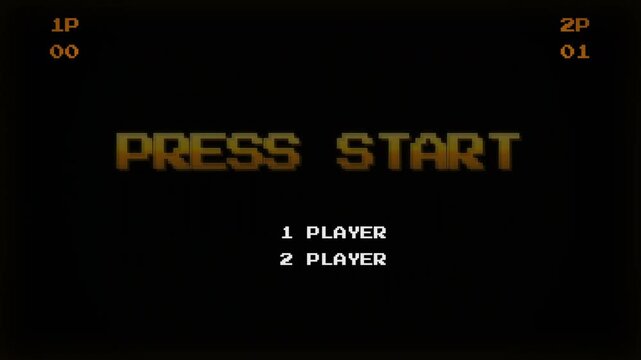 Retro Arcade Game Start Screen with Press Start Text, 8-bit Pixel Art, Vintage Console UI, Gaming Interface, Nostalgic 90s Style 4k video