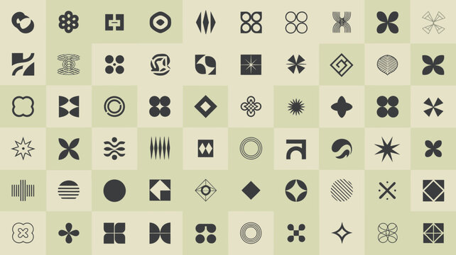 Minimalist geometric logo marks, set of 60 abstract vector icons, modern black branding symbols on sage green grid background