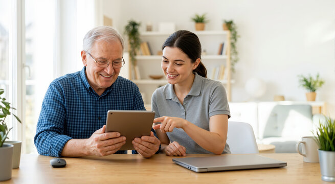 Young woman helping an elderly man with a tablet. Happy senior caucasian grandfather and granddaughter using technology together at home