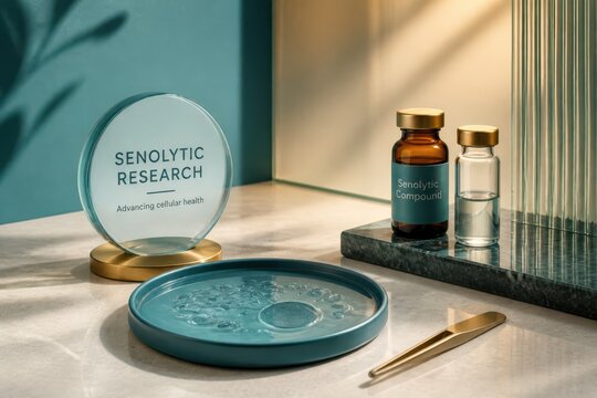 Elegant senolytic skincare research mockup with glass bottles ceramic dish and modern laboratory style still life
