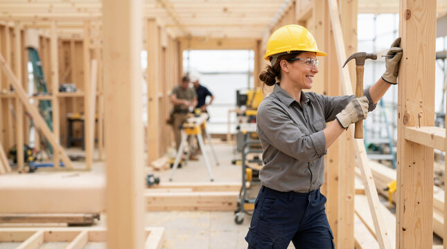 Smiling female builder hammering a nail into a wooden frame. Professional woman carpenter wearing a yellow hard hat and safety glasses at a construction site