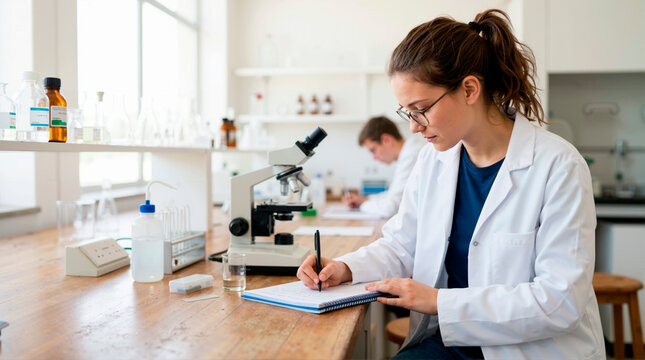 Focused female science student writing notes in a laboratory. Young woman in a lab coat working at a desk with a microscope