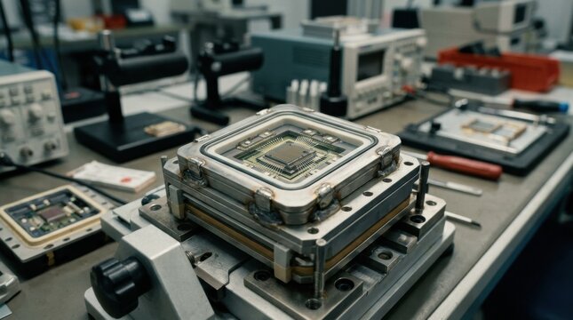 Industrial MEMS sensor packaging in medium shot highlighting robust assembly processes ensuring environmental resistance and reliability in harsh conditions.
