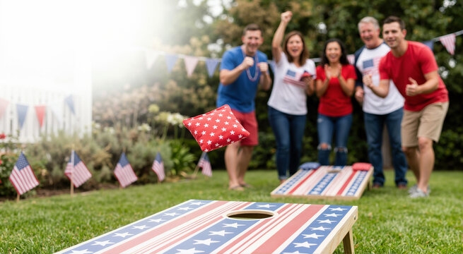 Red star patterned bean bag flying towards a cornhole board. Group of friends cheering in the background during a backyard game. July 4th Independence Day summer party celebration
