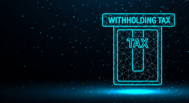 Abstract representation of withholding tax using a glowing digital document with neon text on a dark, futuristic background.