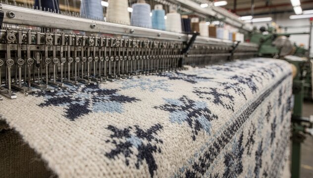 Closeup of jacquard machines creating seasonal knit nightwear with intricate winter snowflake patterns on cozy fabric rolls in a textile factory environment.