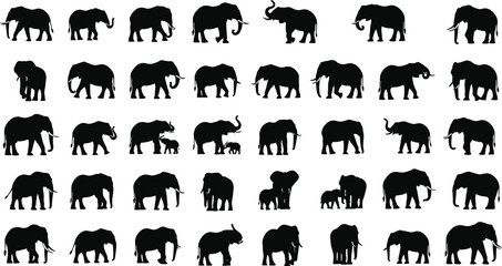 Elephant Silhouette Collection with Walking Standing Family and Raised Trunk Wildlife Animal Pose Variations © Shariyar