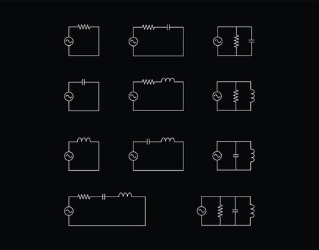Different types of electric circuit isolated on black background (RC, RLC and RLC). 