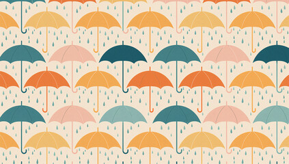 Obraz premium レトロポップな配色で傘と雨を描いた梅雨ポスターイラスト