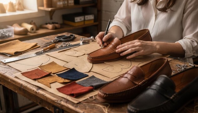 Craftswoman crafting loafer shoe uppers with precise patternmaking and fabric selections highlighting classic and versatile casual footwear design.
