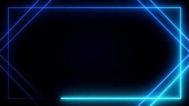 Glowing blue neon lines form a futuristic rectangular frame on a dark background.