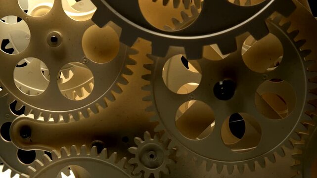 Close-up of industrial metal gears rotating in a complex mechanical clockwork mechanism for engineering concepts.