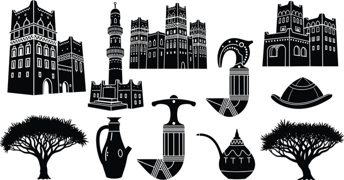 Yemen Culture Vector Silhouette Set Featuring Traditional Mud Brick Architecture Jambiya Dagger Dragon Blood Tree and Coffee Pot
