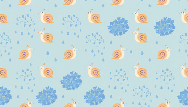 梅雨らしいモチーフを散りばめた紫陽花とカタツムリの総柄