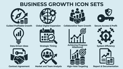 Fototapeta premium Business growth icon sets, professional corporate development symbols, 12 black vector icons for strategic planning and financial success