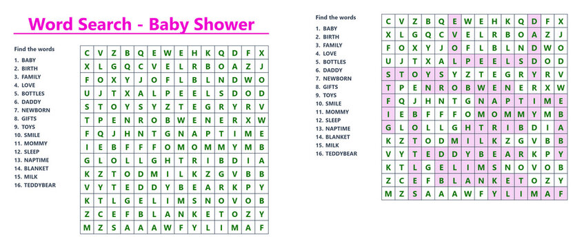 Baby shower word search puzzle with highlighted words and clues