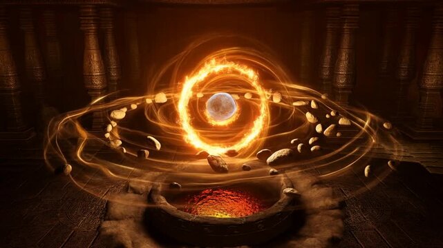 Tracking shot of levitating fiery ring and orbiting stones rotating above sacrificial bowl in ancient temple interior