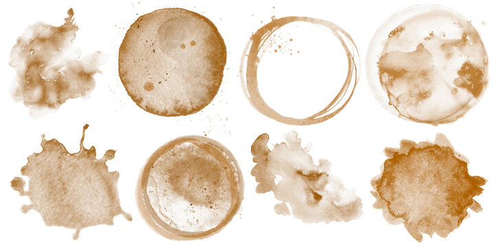 Watercolor illustration set with coffee-colored paint stains and splashes. Perfect for branding, packaging, cafe menus, stationery, backgrounds and coffee shop decor.
