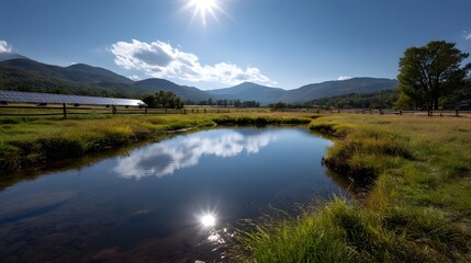 Fototapeta premium Vast sunlit landscape featuring rolling hills and open fields under a bright blue sky