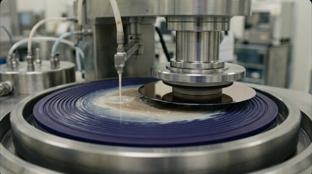 Medium shot of CMP polishing process showing oxide wafer surface smoothing as slurry blends with rotating pad emphasizing precision in semiconductor manufacturing.