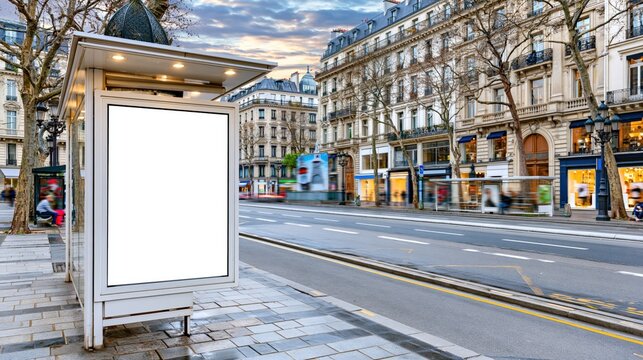 Empty advertising billboard at a European city bus stop with vintage architecture and street view
