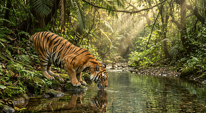 Majestic bengal tiger drinking water from jungle stream surrounded by lush green rainforest.