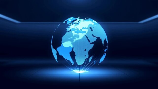 Slow motion static view of digital hologram globe rotating above illuminated platform in dark studio environment