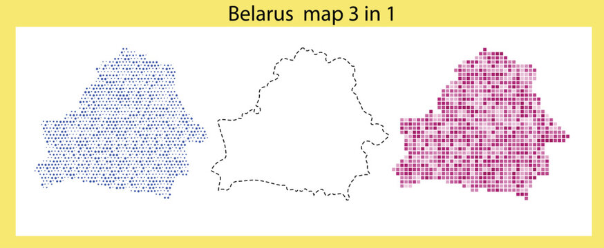 Belarus map 3 in 1 with blue pink and black dotted outline on yellow background